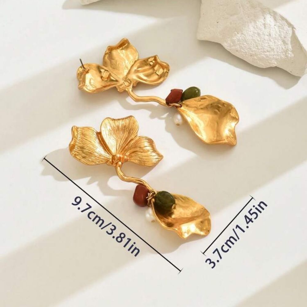 Gold Orchid Drop Earrings with Multicolor Beads - Picture 4 of 10